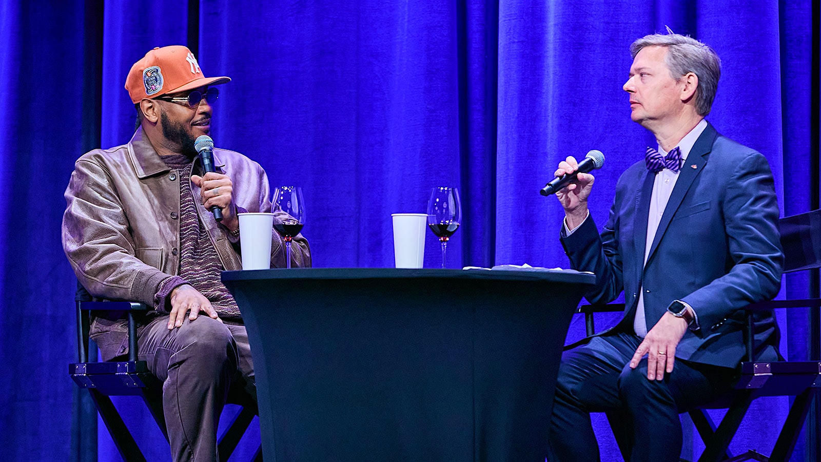 Carmelo Anthony and Mitch Frank onstage at the 2025 New York Wine Experience.